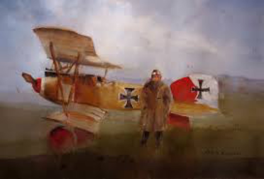 Artwork depicting a World War I-era biplane and pilot
