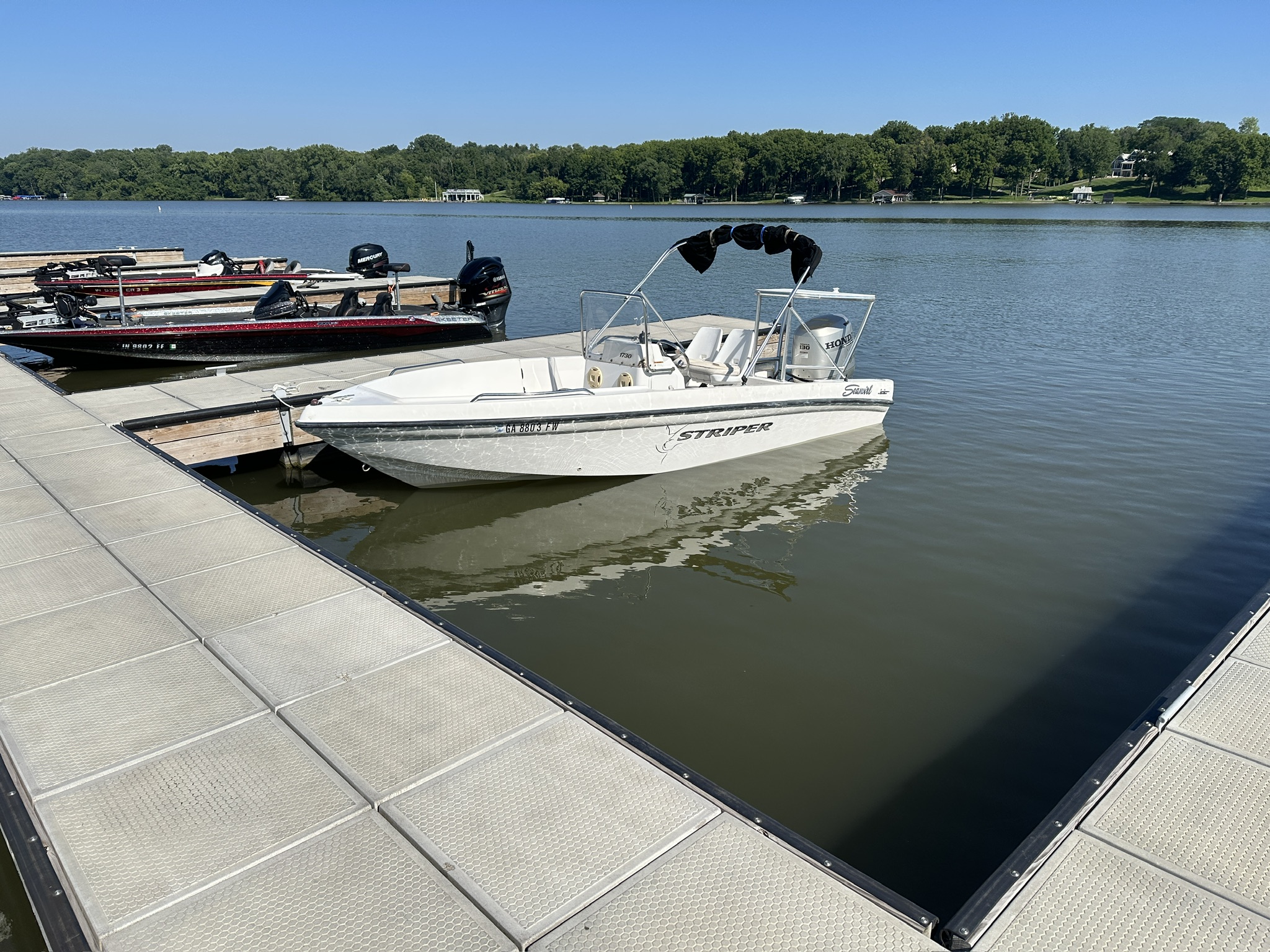 The SeaSwirl Striper tied to a dock on Lake Monroe